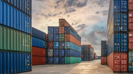 Shipping container yard with stacked containers