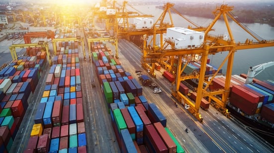 aerial view of shipping yard full of containers